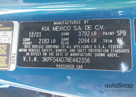 2022 Kia Forte Gt-Line z USA, uszkodzony, nr VIN 3KPF54AD7NE442356